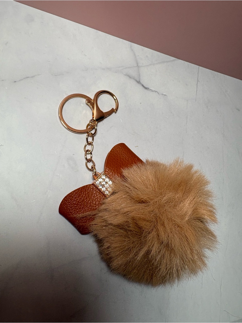 🤎 Brown Fluffy Rhinestone Bow Pom Pom Keychain Bag Charm